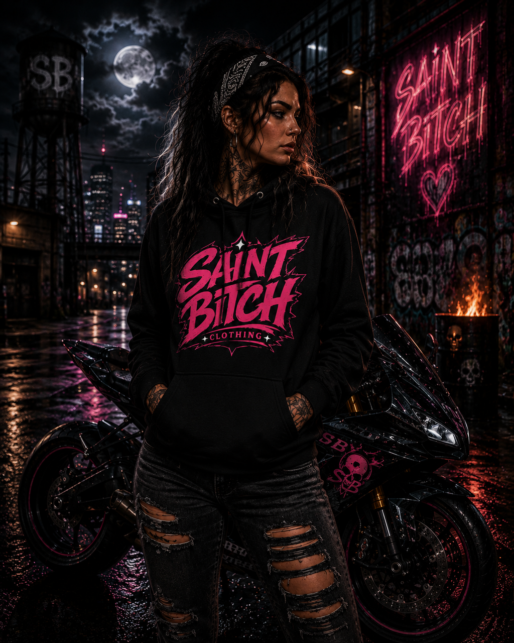 Saint Bitch Sportbike Biker Chick Pullover Hoodie